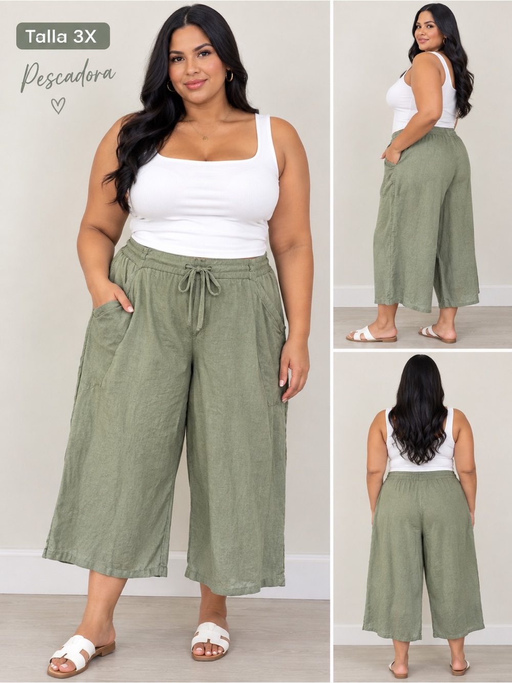Per Se Wide-Leg Linen-Blend Crop Pants in Olive